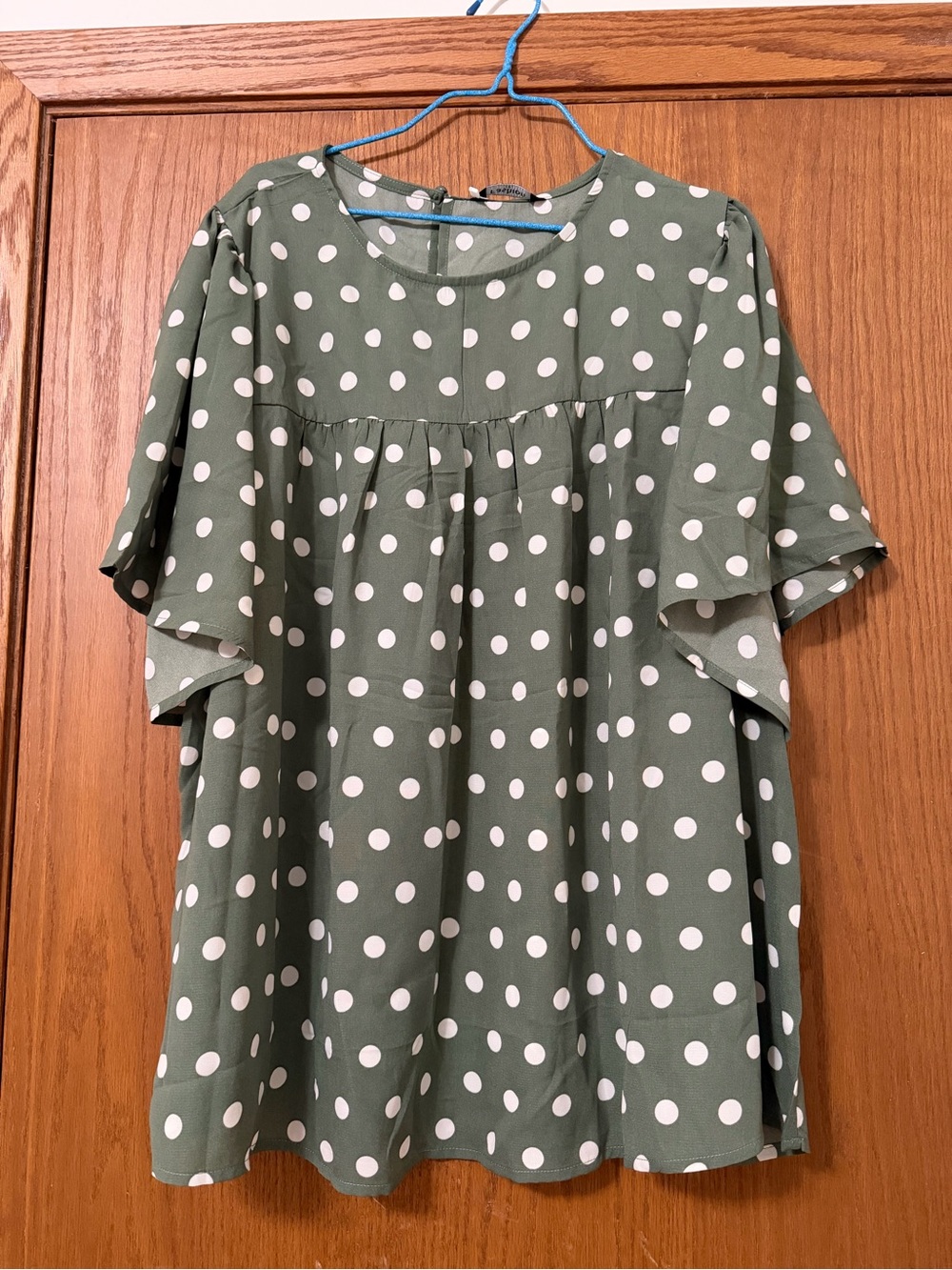 Polka Dot Flutter Sleeve Top - Olive Green and White